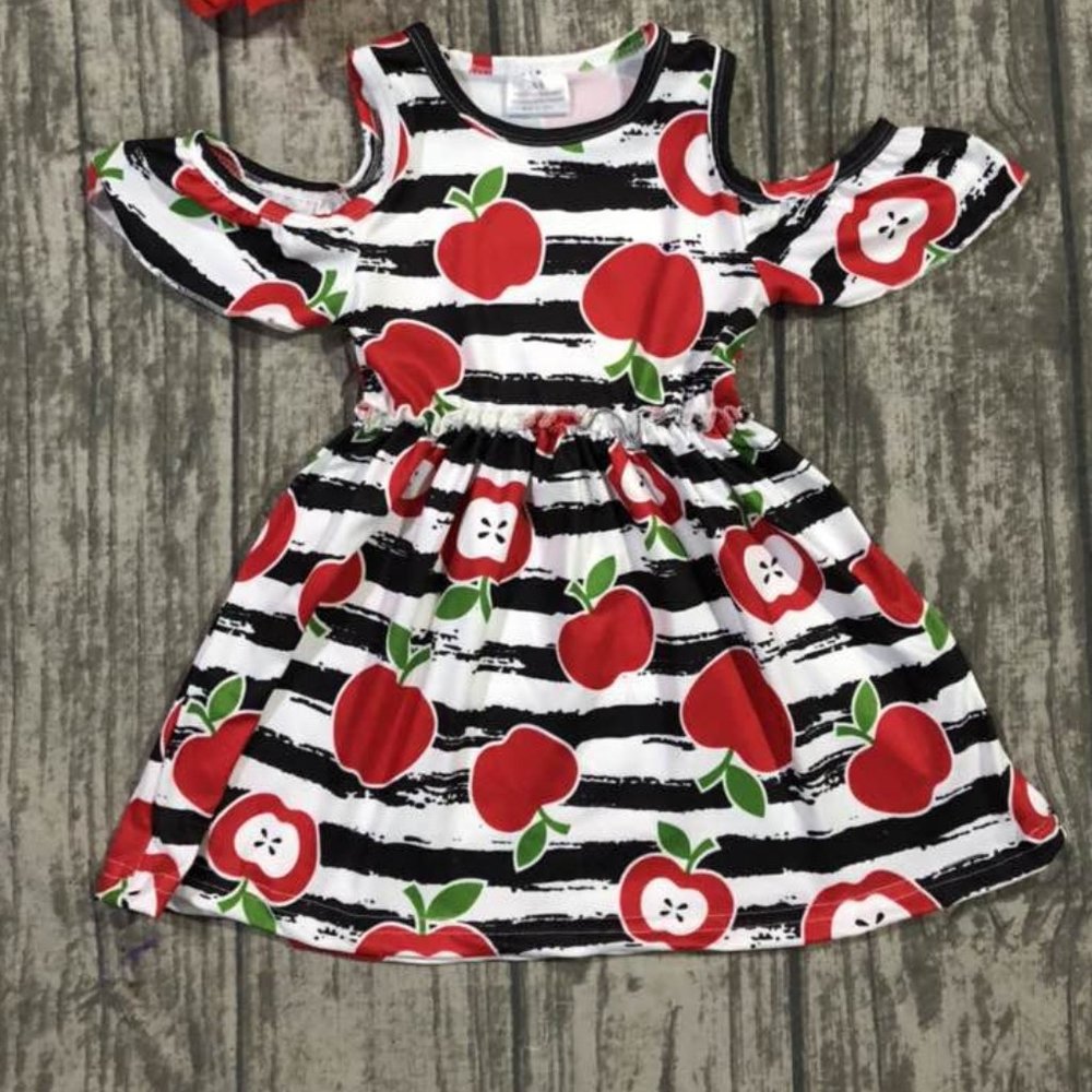 Little Girls Cold Shoulder Off Shoulder Apple Stripe Dress Easter School Outfit